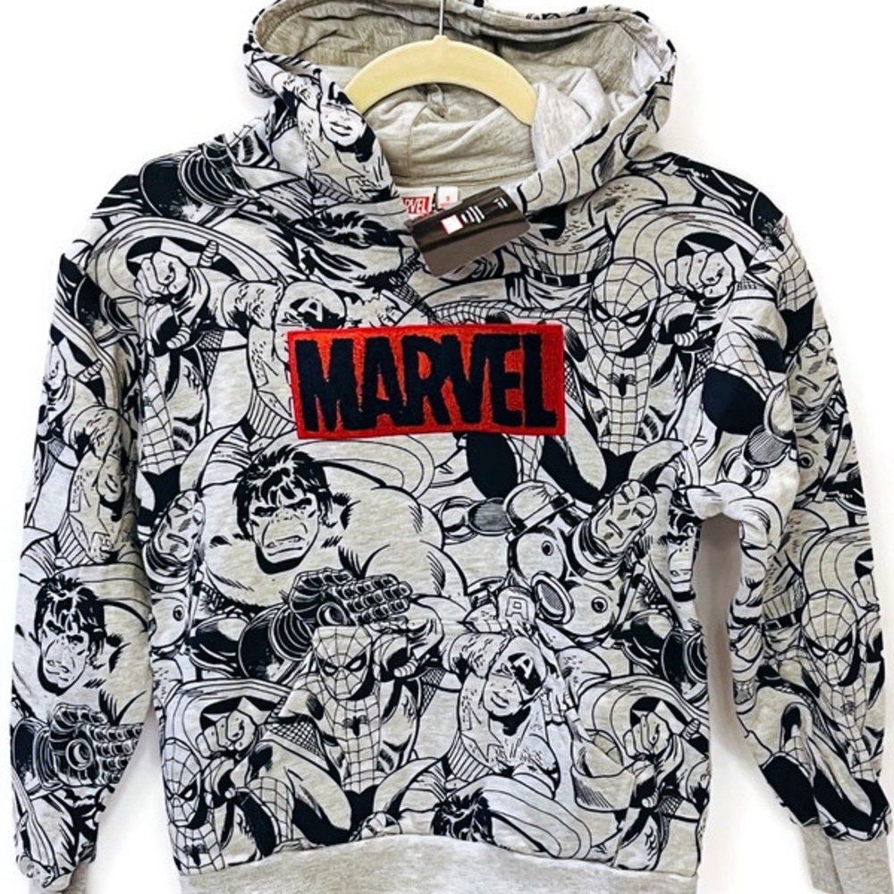 NWT Boys Marvel Graphic Print Hoodie Pullover Gray Blue Sweatshirt - Picture 6 of 10